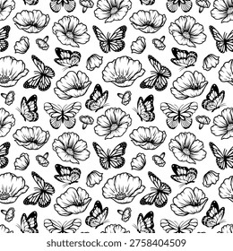 Seamless pattern with flowers and butterflies. Vector illustration.