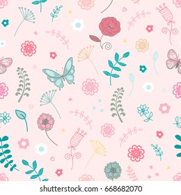 Seamless pattern with flowers and butterflies. Vector illustration.Scandinavian style.
