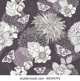 Seamless pattern with flowers and butterfly. Floral background.