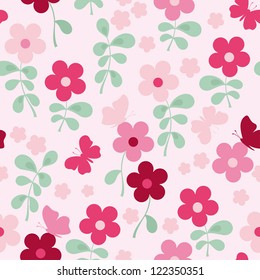 Seamless pattern with flowers, butterfly, hearts. Cute seamless.