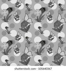 Seamless pattern with flowers and butterfly on background, grayscale vector illustration