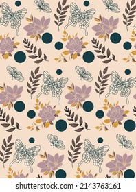 Seamless pattern with flowers and butterfly on the beige background