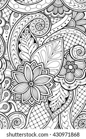 Seamless pattern with flowers and butterfly. Ornate zentangle seamless texture, pattern with abstract flowers. Floral pattern can be used for wallpaper, pattern fills, web page background.