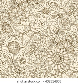 Seamless pattern with flowers and butterfly. Ornate zentangle seamless texture, grunge pattern with abstract flowers. Floral pattern can be used for wallpaper, pattern fills, web page background.