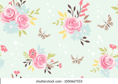 Seamless pattern with flowers and butterfly. Vector floral background