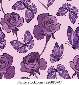Seamless pattern with flowers and butterfly . Violet colors. 