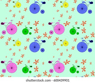 Seamless pattern with flowers and bycicles on the green background