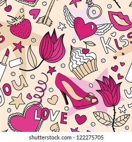 seamless pattern with flowers, cakes,  shoes, lipstick, strawberry and other things