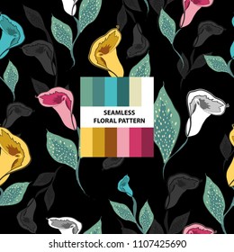 Seamless pattern with flowers calla and leaves