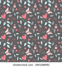 Seamless pattern with flowers candles hearts and strawberries. Hand-drawn doodles.
