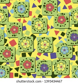 Seamless pattern. The flowers of carnations drawn on square cards are randomly arranged against the background of multicolored triangles and squares. Baby colors. Editable.