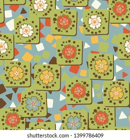 Seamless pattern. The flowers of carnations drawn on square cards are randomly arranged against the background of multicolored triangles and squares. Baby colors. Editable.