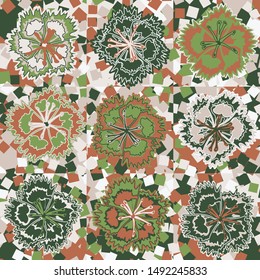 Seamless pattern. Flowers carnations on a checkered background with the inclusion of randomly scattered squares. Motley texture.