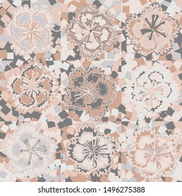 Seamless pattern. Flowers carnations on a checkered background with the inclusion of randomly scattered squares. Motley texture.