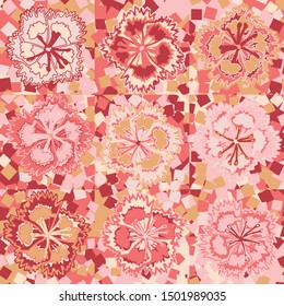 Seamless pattern. Flowers carnations on a checkered background with the inclusion of randomly scattered squares. Motley texture.