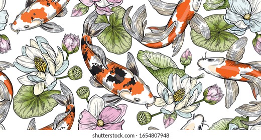 Seamless pattern with flowers and carps koi . Vector illustration on a white background for the design of wallpaper, posters, cards, banners and more.