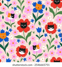 Seamless pattern with flowers and cat faces. Vector graphics.