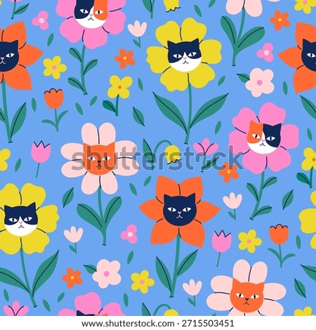 Seamless pattern with flowers and cat faces. Vector graphics.
