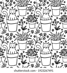 Seamless pattern with flowers and cat. Cat in a flower pot. Gardening. Springtime. Vector hand drawn illustration.