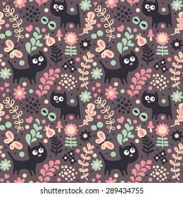 Seamless pattern with flowers, cats and butterflies