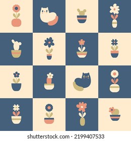 Seamless pattern with flowers and cats on a checkered background. Perfect simple print for T-shirt, textile and fabric. Geometric vector illustration.

