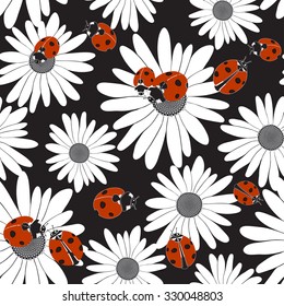 Seamless pattern with the flowers of chamomile and ladybugs. 