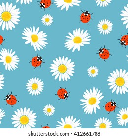 Seamless pattern with the flowers of chamomile and ladybugs, vector art illustration.