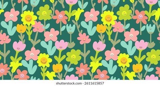 seamless pattern with flowers characters in doodle style in vector. Element for decoration design postcards poster print invitation background textile wrapping wallpaper packaging backdrop textile