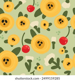 Seamless pattern with flowers and cherries. Vector illustration for fabric, wrapping paper, clothes.