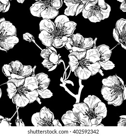 Seamless Pattern with Flowers of a Cherry (Sakura) on black background. Vector illustration.