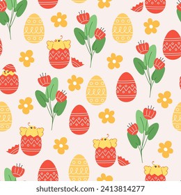 Seamless pattern of flowers, chickens and easter eggs in cartoon style