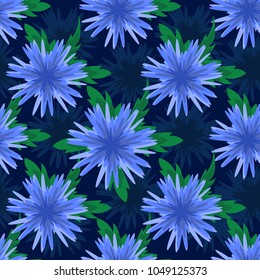 Seamless pattern with flowers of chicory. Blue flowers on a blue background. For textiles, Wallpaper, cardboard, cards. Vector stock.