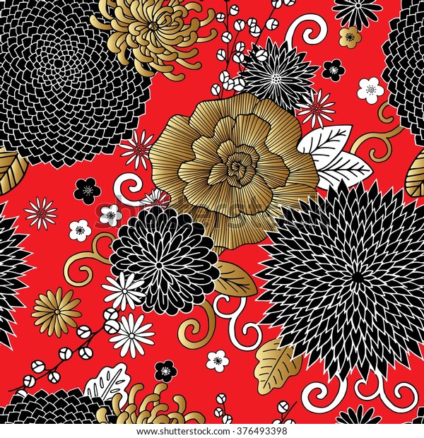 シームレスな模様と花 中国 日本の絹文様 のベクター画像素材 ロイヤリティフリー