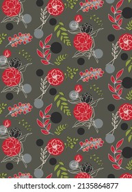 Seamless pattern with flowers, circles and brunches in the grey background