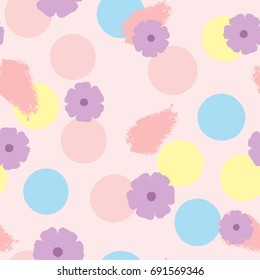 Seamless pattern with flowers, circles and brushstrokes. Drawn by hand. Watercolor, ink, sketch. Pastel. Purple, pink, yellow, blue color. Vector illustration.