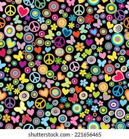 Seamless pattern of flowers, circles, hearts, butterflies and peace signs