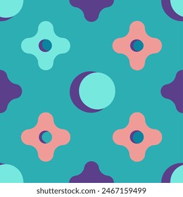 Seamless pattern of flowers and circles on blue background