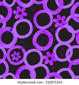 Seamless pattern with flowers and circles. Watercolor style. Vector illustration.