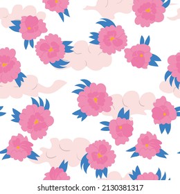Patrón sin foco con flores y nubes. Peón rosa al estilo chino. Fondo del vector botánico. 