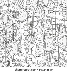 Seamless pattern with flowers. Pattern for coloring book.  Ethnic, floral, retro, doodle, vector, tribal design element. Black and white  background.