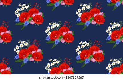 Seamless pattern with flowers concept. Aesthetics and elegance, beauty. Repeating design element for printing on fabric. Bloom and blossom red plants. Cartoon flat vector illustration