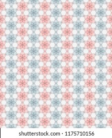 Seamless pattern from flowers. Flowers consist of 6 pointed petals. Delicate, light shades. Background. Blue and pink