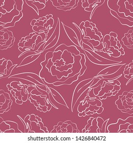 Seamless pattern with flowers contour on a purple background. Vector illustration.