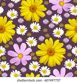 Seamless pattern with flowers Cosmos, Chamomiles and yellow Rudbeckia. Vector natural illustration on dark background.