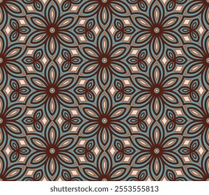 Seamless Pattern - Flowers (Cream, Orange, Brown, Blue) - Repeating Vector Image; Easily Editable; Endless Design; Colorful lIlustration. Print for Gift Paper, Packaging, etc.
