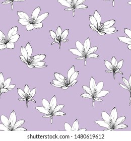 Seamless pattern with flowers crocuses. Purple and white color. Background for fashion, textile, wallpapers, greetings, web pages. Vector.