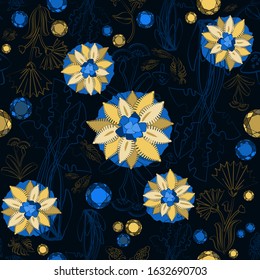Seamless pattern of flowers and crystals on a dark background. Abstract illustration for use in various graphic works.