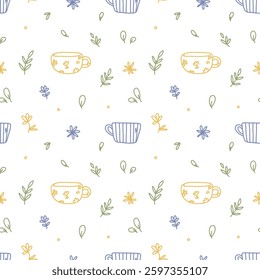 seamless pattern with flowers and cups. leawes and mugs. vector hand drawn illustration