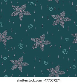 Seamless pattern with  flowers and curls. For fabric, wrapping paper, print and web projects. Vector illustration. Flowers of lines, green background.