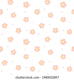 Patrón sin foco con flores. Pequeña caricatura de fondo de bebé. Sencillas flores y puntos rosas. Papel de papel para imprimir, diseño textil. ilustración vectorial plana